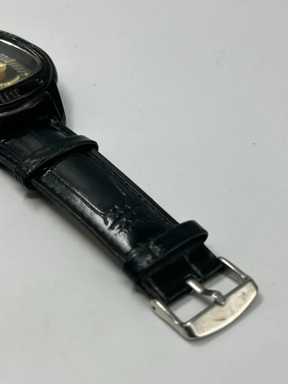 Winner Automatic Watch 49mm Black Triangle Case Skeleton Dial Leather Band
